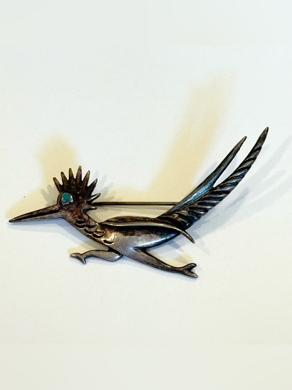 Vintage Native American Sterling Silver Turquoise Roadrunner Brooch 925 Bird